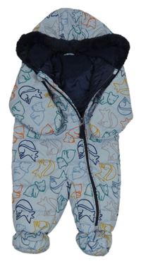 Světlemodrá šusťáková zimní kombinéza se zvířátky a kapucí Nutmeg 