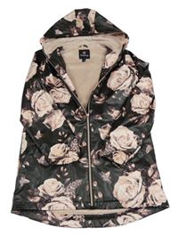 Černá nepromokavá jarní parka s květy a kapucí Firetrap
