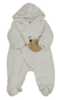 Bílá chlupatá podšitá kombinéza s medvídkem a kapucí 