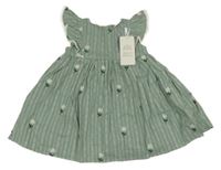 Nové - Zelenošedé pruhované plátěné šaty s kytičkami Hello World