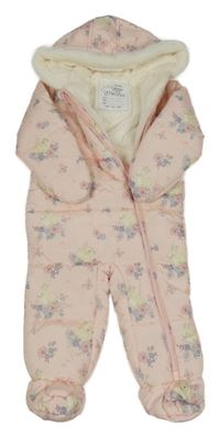 Světlerůžová šusťáková prošívaná zimní kombinéza se zajíčky a kapucí Nutmeg