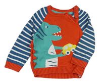 Červeno-petrolejovo-bílý svetr s dinosaurem a autem a pruhy frugi