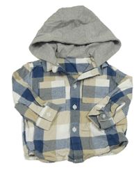 Béžovo-tmavomodro-bílá kostkovaná vzorovaná košile s kapucí Matalan