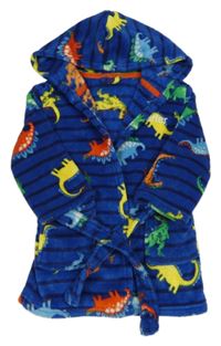 Safírovo-tmavomodrý pruhovaný plyšový župan s barevnými dinosaury a kapucí