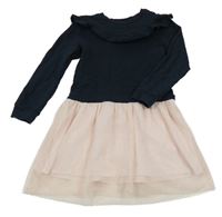 Tmavomodro-světlerůžové teplákovo/tylové šaty s volánkem a puntíky name it.