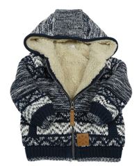 Tmavomodro-bílý melírovaný vzorovaný pletený propínací zateplený svetr s nášivkou a kapucí Smile