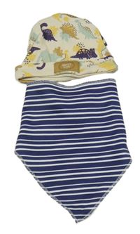 2Set - Béžová čepice s dinosaury so cute + tmavomodro/bílý pruhovaný šátek/slinták