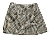 Smetanovo-černo-starorůžovo-oranžová károvano/kostkovaná vzorovaná vlněná sukně s knoflíky Tu