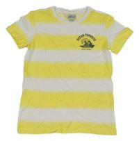 Žluto-bílé pruhované/batikované tričko s vlnou a nápisy alive