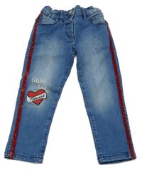 Modré skinny rifle se srdíčky a třpytivým pruhem Fagottino