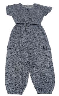 Světlešedo-černý kytičkovaný mačkaný cargo cuff kalhotový culottes overal se zavazováním St. Bernard
