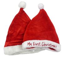 2x Červená chlupatá vánoční čepice s nápisem + Červená sametová vánoční čepice Mothercare