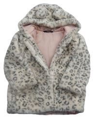 Béžovo-šedý kožešinový zateplený kabát s leopardím vzorem a kapucí George