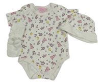 3set - Bílé body s kočkami a houpacími koníky + bavlněná čepice + rukavičky