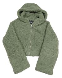 Khaki huňatá propínací crop mikina s kapucí New Look