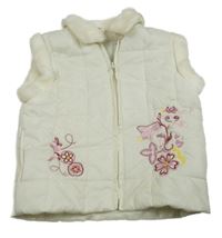 Smetanová prošívaná šusťáková zateplená vesta s výšivkami květů