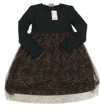 Nové - Černo-hnědé šaty se vzorovanou tylovou sukní Matalan