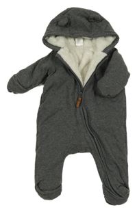 Tmavošedá melírovaná tepláková zateplená kombinéza s kapucí s oušky H&M