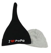 2x bavlněná čepice - černá s nápisem a srdcem + šedá melírovaná