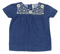 Modré tričko s vyšívanými květy riflového vzhledu Jojo Maman Bebé