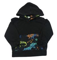 Černá lehká mikina s kapsou a dinosaury a kapucí 