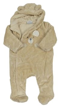 Světlebéžová plyšová podšitá kombinéza s medvědem a kapucí Topomini