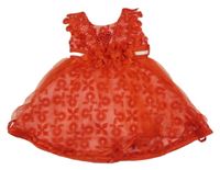 Červené tylové šaty s krajkou a páskem 