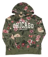 Khaki-růžová květovaná mikina s nápisem a kapucí H&M