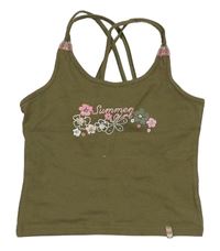 Khaki crop top s nápisem květy a korálky TCM