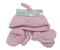 3set - Růžová fleecová čepice s medvídkem + fleecové capáčky + fleecové rukavice 