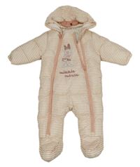 Bílo-růžová pruhovaná šusťáková zimní kombinéza s Minnie a kapucí Primark