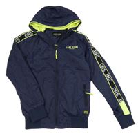 Tmavomodro-neonově žlutá šusťáková jarní bunda s nápisy a kapucí 