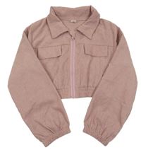 Starorůžová žebrovaná crop lehká bunda s kapucí Shein