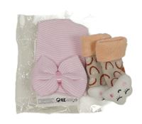 Nové - 2set - bílo-růžová pruhovaná čepice s mašlí + béžové ponožky s duhami a mráčky 