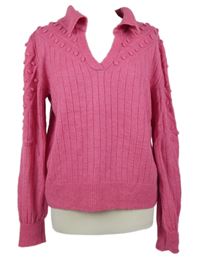 Dámský růžový vzorovaný svetr s bambulkami a límečkem F&F