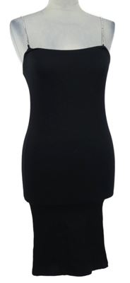 Dámské černé žebrované elastické šaty se štrasovými ramínky Bershka 