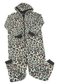 Bílá fleecová kombinéza s leopardím vzorem a kapucí Pepperts