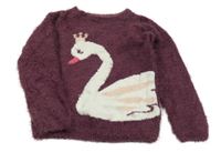 Vínový chlupatý svetr s labutí Dopodopo
