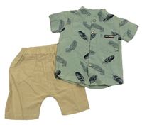 2set - Světlekhaki košile s listy + béžové kraťasy 
