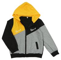 Černo-žluto-šedá propínací mikina s nápisem a kapucí 