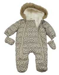 Béžovo-šedá šusťáková zimní kombinéza s leopardím vzorem a kapucí s kožešinou + rukavice F&F