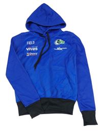 Modrá vzorovaná sportovní mikina s nápisy a kapucí 