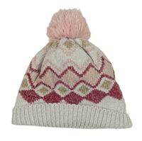 Světlešedo-růžová žinylková čepice se vzorem a bambulí 