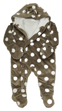 Hnědá puntíkatá chlupatá zateplená kombinéza s kapucí 