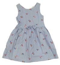 Světlemodro-bílé pruhované plátěné šaty s kytičkami H&M