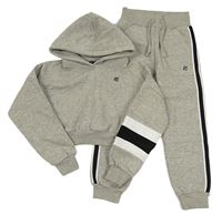 2set - Šedá melírovaná crop mikina s proužky a kapucí + tepláky Pindydoll
