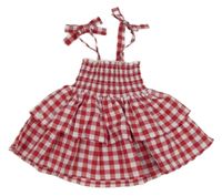 Červeno-bílé kostkované plátěné vrstvené žabičkové šaty