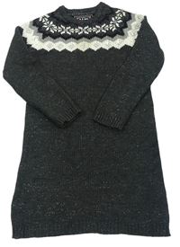 Tmavošeo-smetanovo-šedé melírované svetrové šaty se vzorem a vločkami a flitry a třpytkami YD