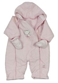 Světlerůžová šusťáková zimní kombinéza s kočičkou a kapucí + rukavice Mothercare