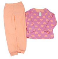 Růžovo-neonově světleoranžové plyšové pyžamo se srdíčky PRIMARK
